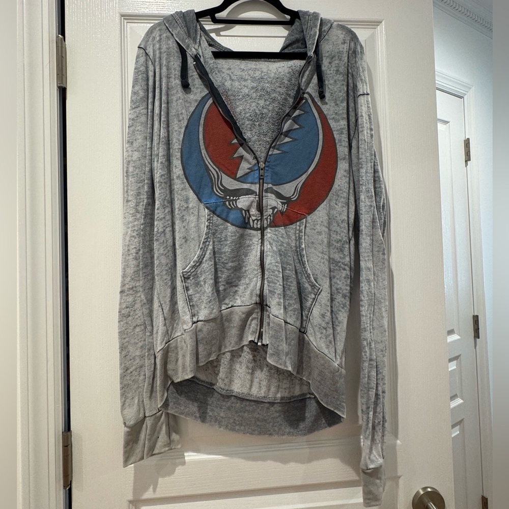 Grateful Dead Stealie Chaser Gray Zip-Up Hoodie with Red and Blue Graphic